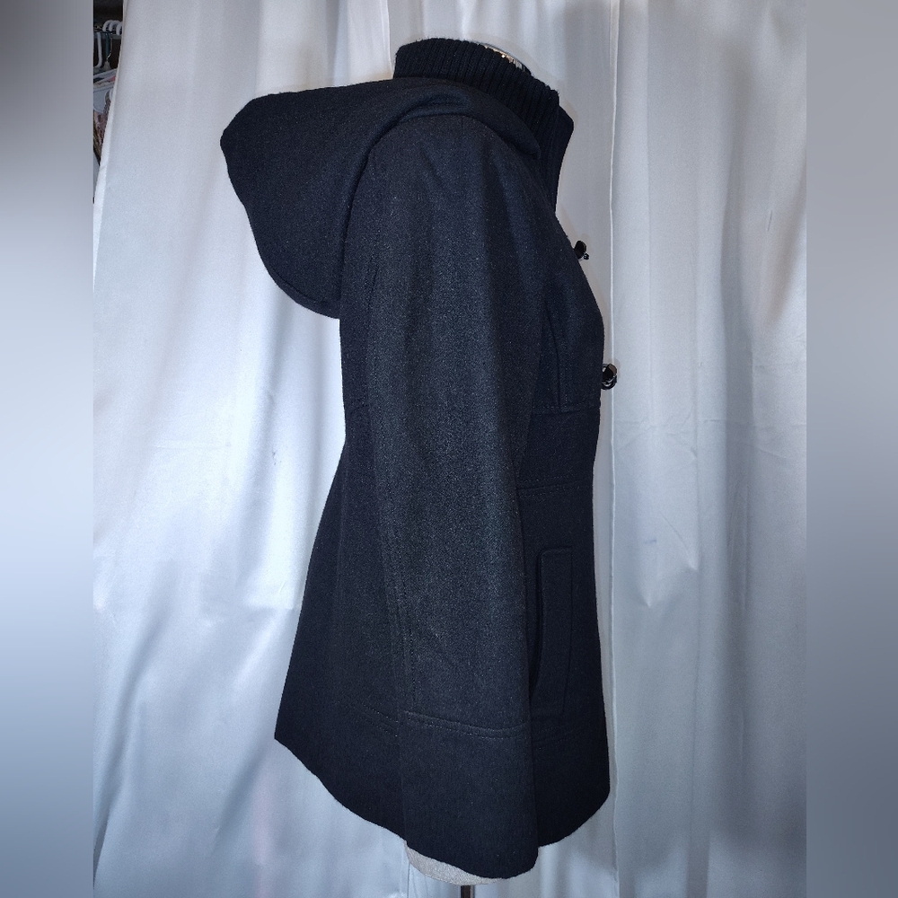 Guess Wool Pea Coat, Women Hooded, Black ButtonUp Pockets, Collar, Lining, S/M - Picture 6 of 15